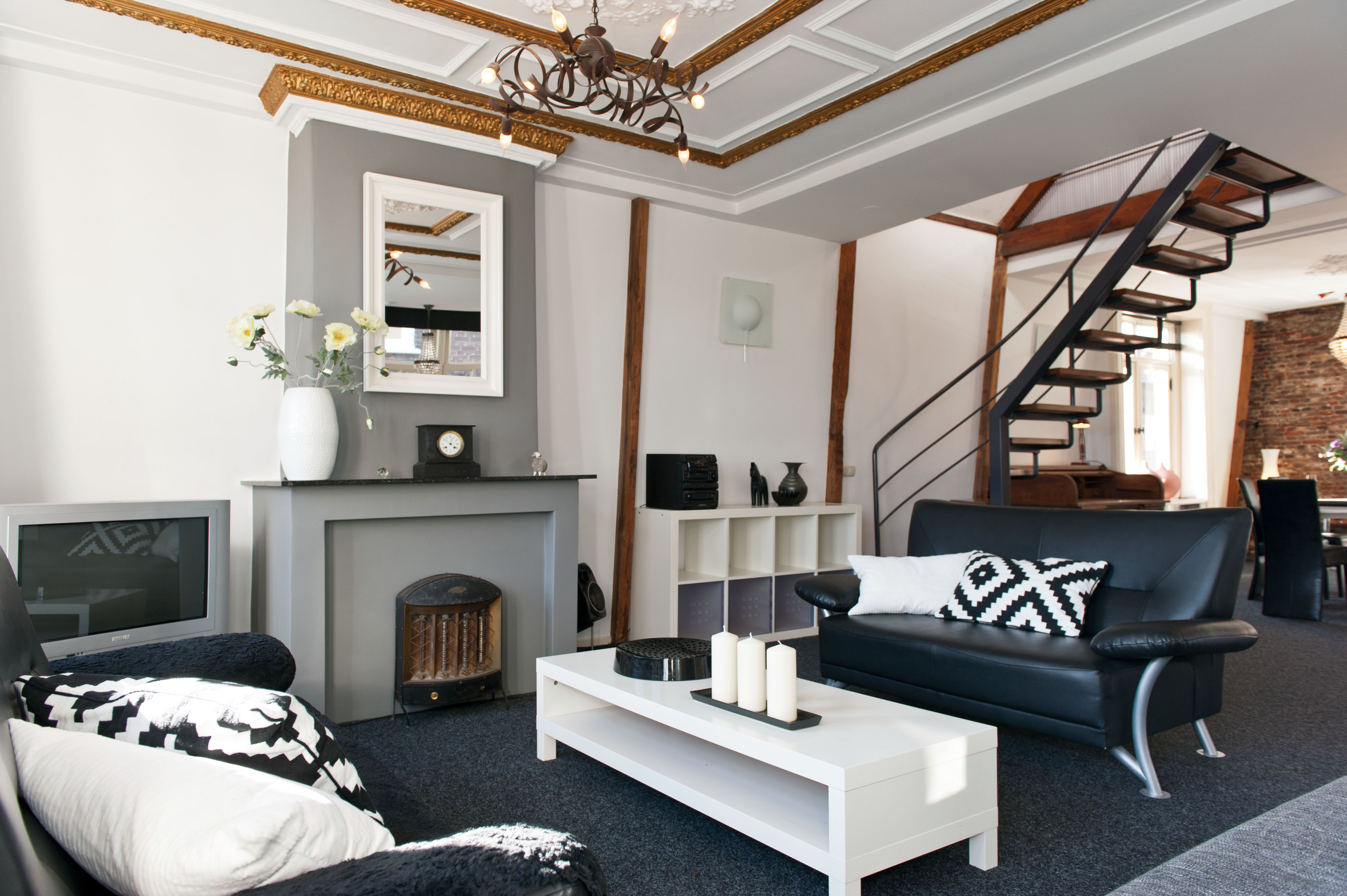 Living area with the view of stair Canal Holiday apartment Amsterdam