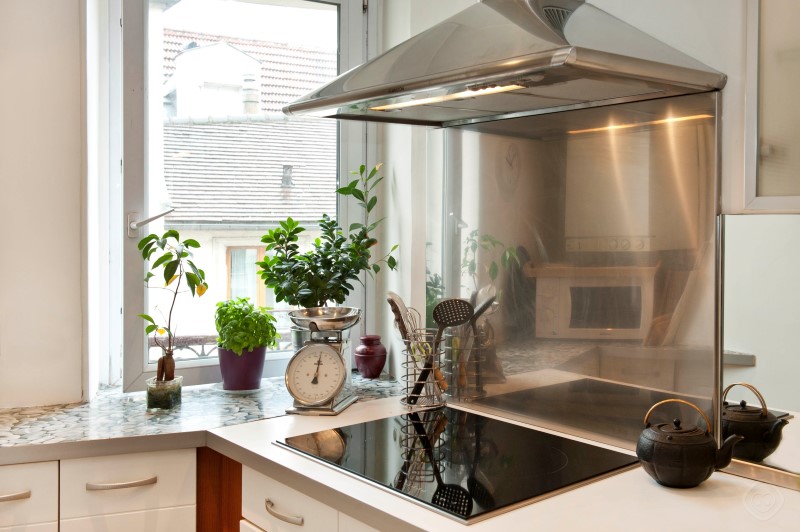 Kitchen Counter with Hob and Exhaust Hood Chic Saint Germain apartment Paris