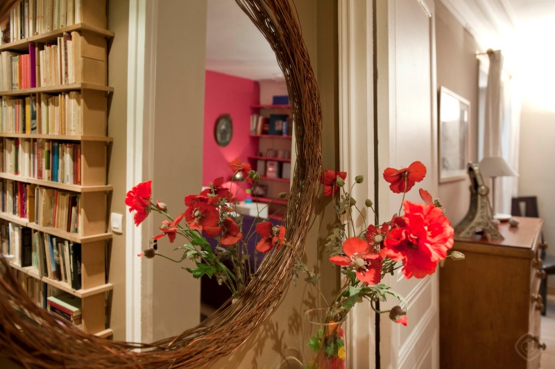 View of Living Room Bookshelves and Bedroom from Mirror at Hallway Chic Saint Germain apartment Paris