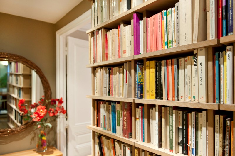 Bookshelves and Mirror at Hallway Chic Saint Germain apartment Paris